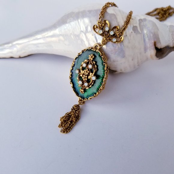 VTG LJM Emerald Green & Gold Enamel Necklace | Tassel Pendant | Mid-Century Glam - Picture 2 of 11